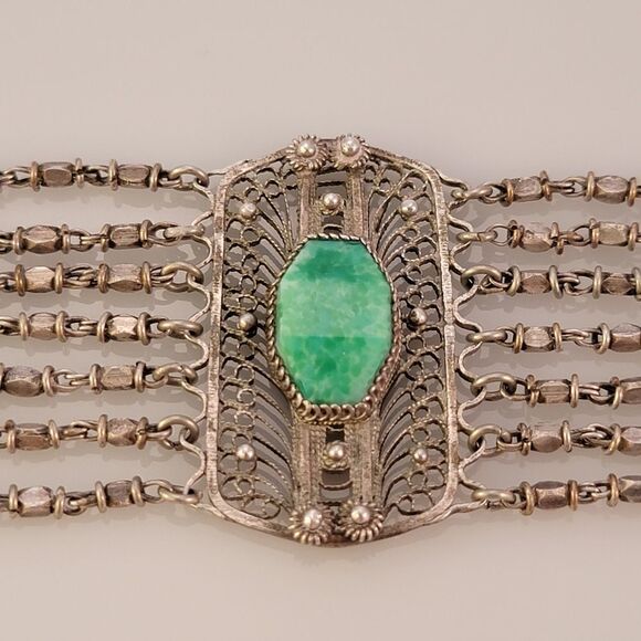 Vintage Silver Middle Eastern Filligree Green Stone Strand Bracelet - Picture 3 of 7